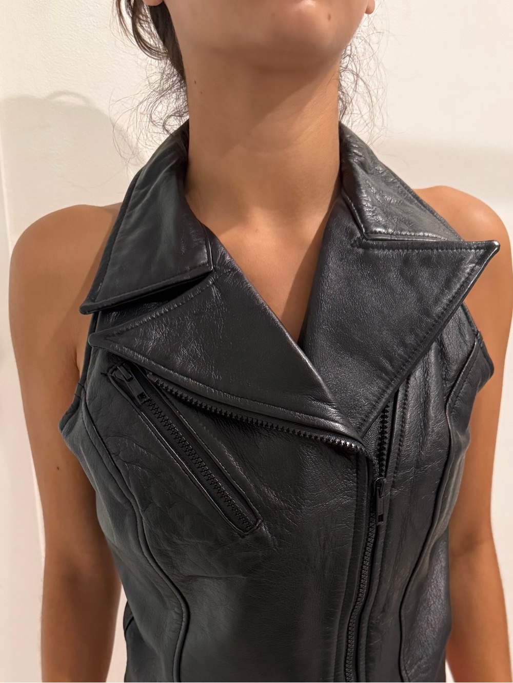 Black Leather Motorcycle Vest - Women’s Sleeveless Zip Jacket